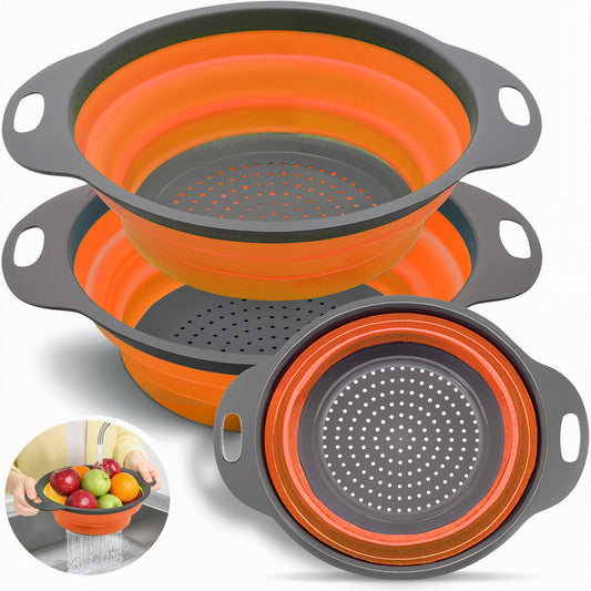 LVL Collapsible Colander Set of 3 Round Silicone Kitchen Strainer Set - 2 pcs 4 Quart and 1 pcs 2 Quart- Perfect for Draining Pasta, Vegetable and fruit (gray )