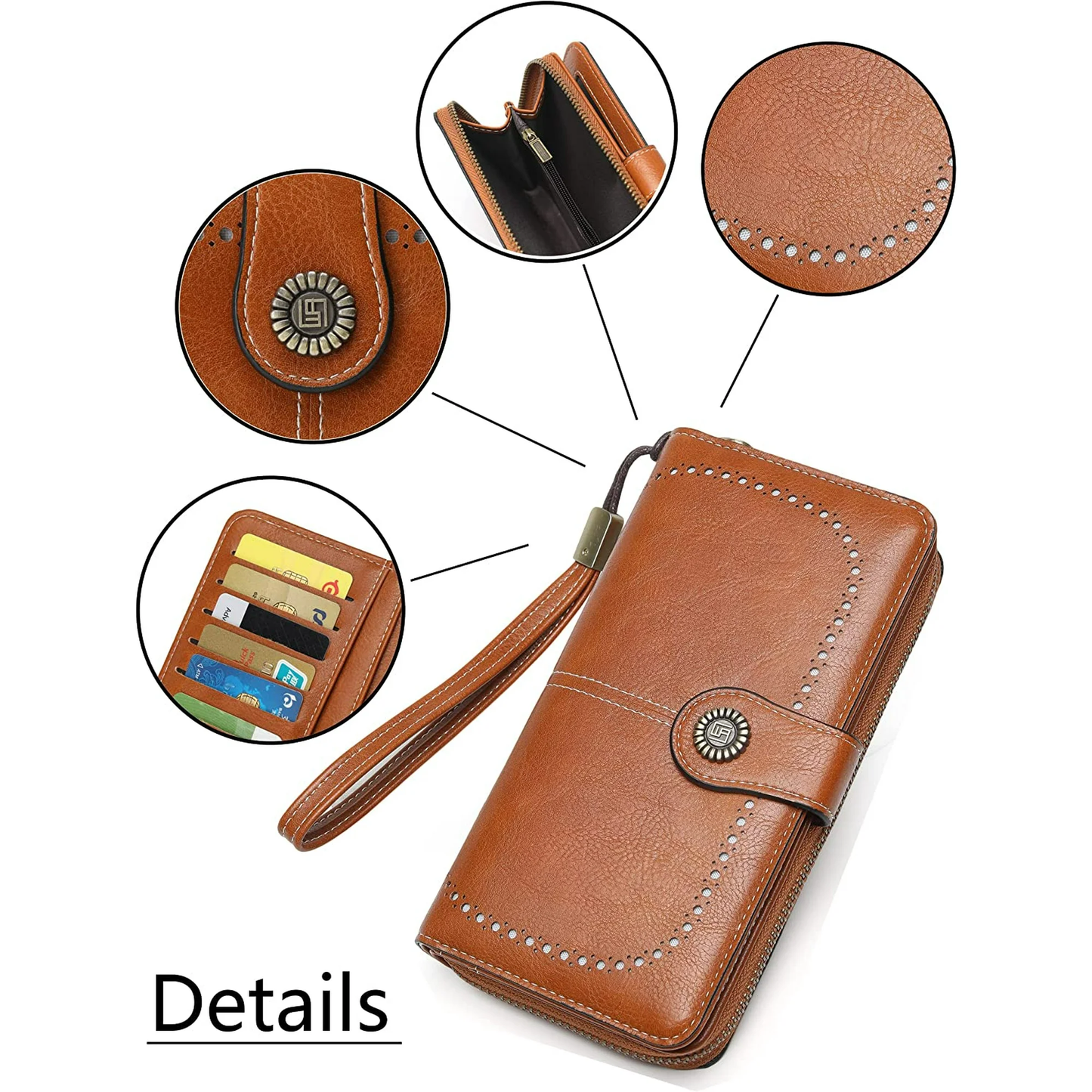 EHIW Wallets for Women Leather Credit Card Holder with RFID Blocking Large Capacity Wristlet , Brown