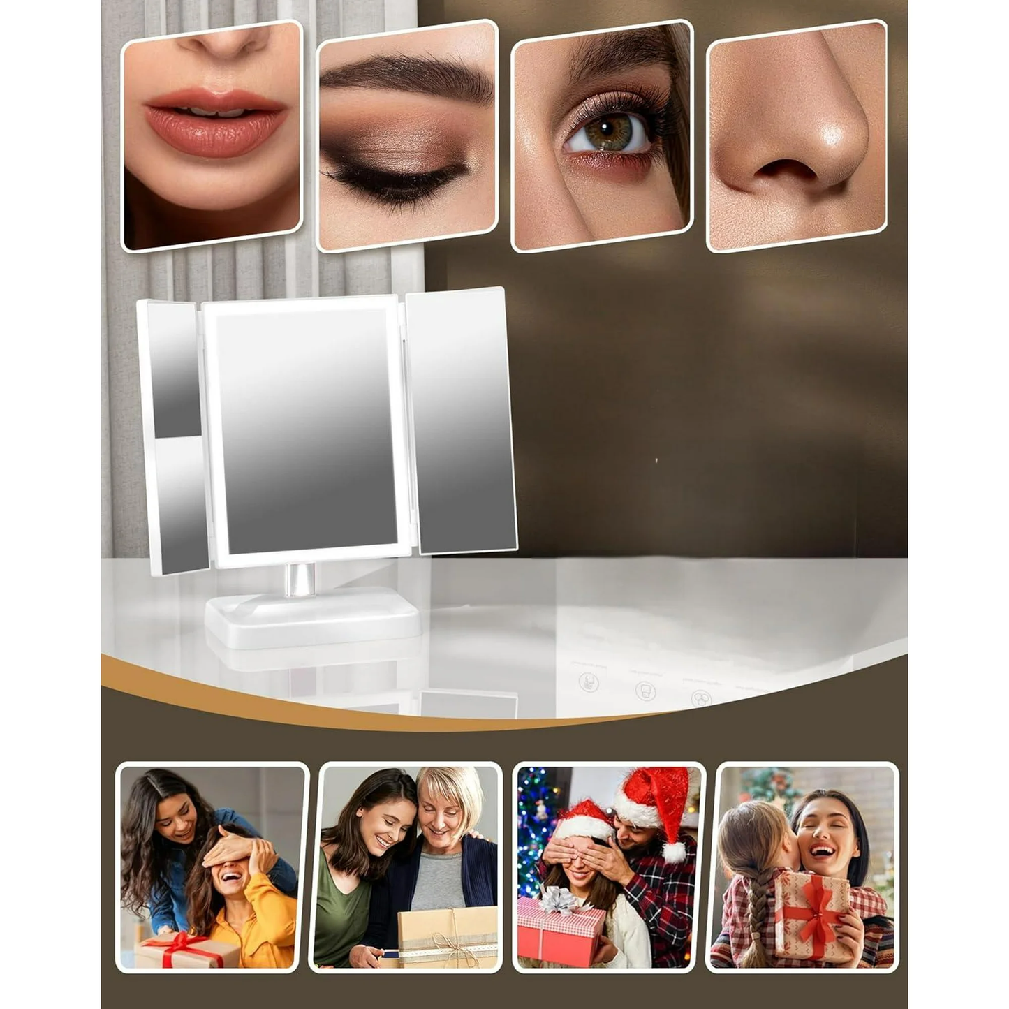 IDFINE Makeup Vanity Mirror with Lights, 1X 2X 3X Magnification, Lighted , Touch Control, Trifold , Dual Power Supply, Portable LED Makeup Mirror, Women Gift (White)