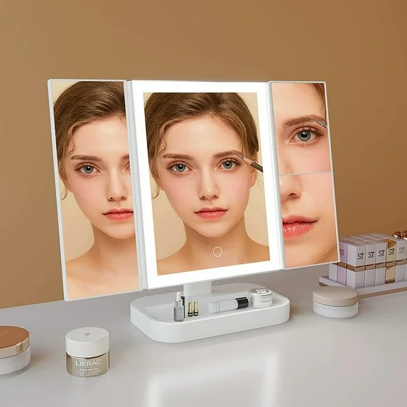 IDFINE Makeup Vanity Mirror with Lights, 1X 2X 3X Magnification, Lighted , Touch Control, Trifold , Dual Power Supply, Portable LED Makeup Mirror, Women Gift (White)