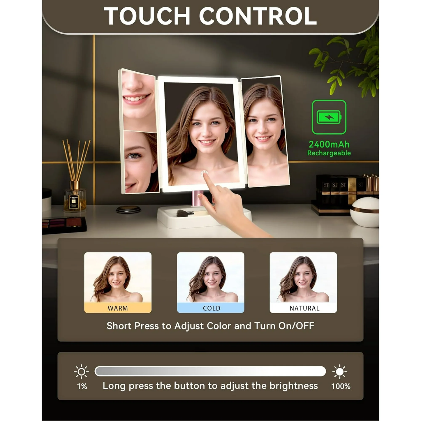 IDFINE Makeup Vanity Mirror with Lights, 1X 2X 3X Magnification, Lighted , Touch Control, Trifold , Dual Power Supply, Portable LED Makeup Mirror, Women Gift (White)