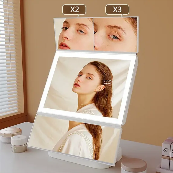 IDFINE Makeup Vanity Mirror with Lights, 1X 2X 3X Magnification, Lighted , Touch Control, Trifold , Dual Power Supply, Portable LED Makeup Mirror, Women Gift (White)