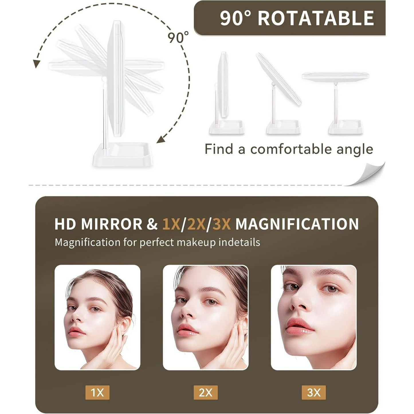 IDFINE Makeup Vanity Mirror with Lights, 1X 2X 3X Magnification, Lighted , Touch Control, Trifold , Dual Power Supply, Portable LED Makeup Mirror, Women Gift (White)