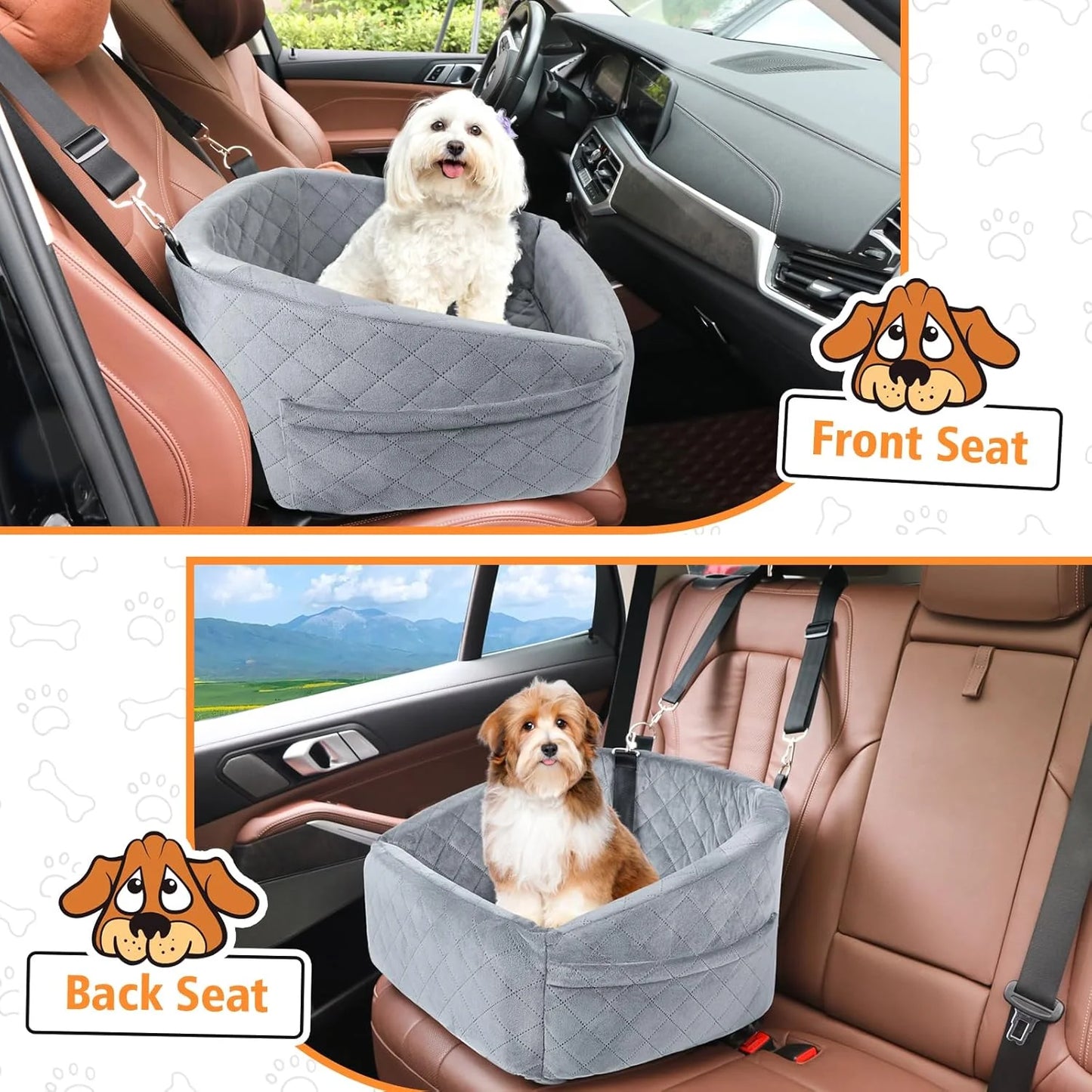 Dog Car Seat for Small Medium Dogs,Detachable Washable Dog Booster Seat Under 30lbs, Pet Car Seat Travel Bed with Storage Pockets and Dog Safety Belt (Grey)