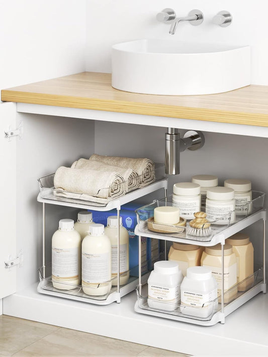 2 Sets of 2-Tier Multi-Purpose Bathroom Under Sink Organizers and Storage, Stackable Kitchen Pantry Organization, Pull Out Medicine Cabinet Organizer with 8 Movable Dividers