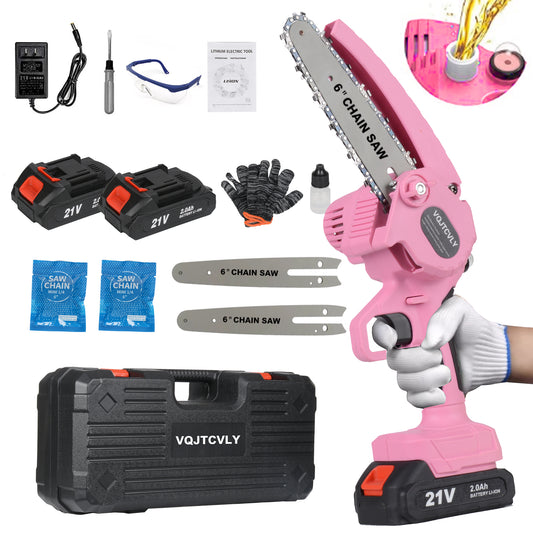 Euur 6 inch Mini Chainsaw with 2x21V 2000mAh Batteries and 2 Chains, Electric Cordless Chainsaw Set with Security Lock for Wood Cutting Tree Pruning Trimming,Pink