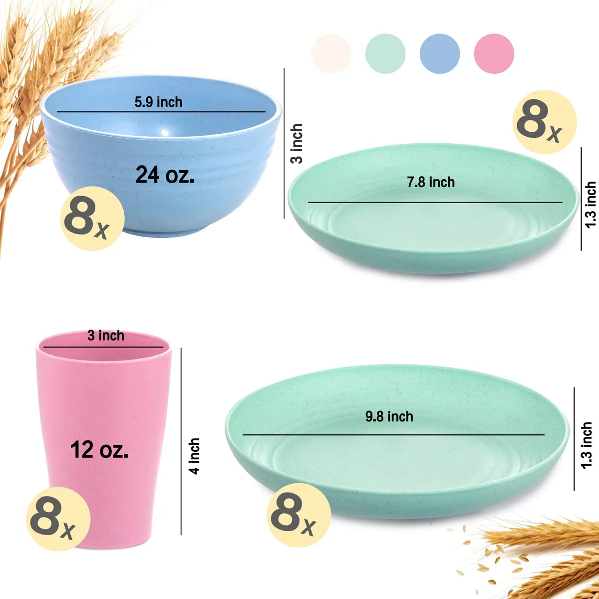 LVL Wheat Straw Dinnerware, Microwave Dishwasher Safe, Unbreakable Light Weight Plates Service For 8, Reusable Tableware Set, Multicolor Set 16pcs Plates, 8pcs Bowls, 8pcs Cups- Multi Color