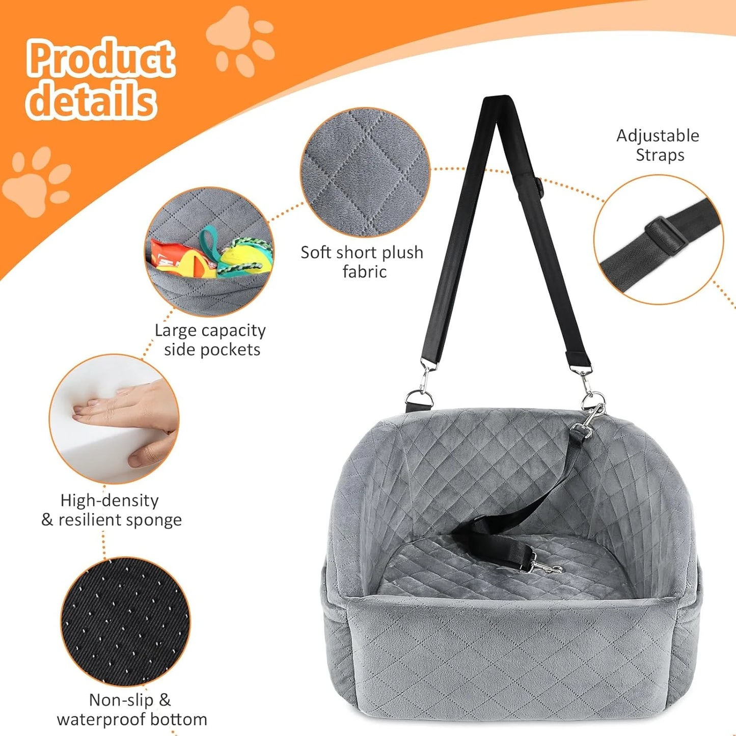 Dog Car Seat for Small Medium Dogs,Detachable Washable Dog Booster Seat Under 30lbs, Pet Car Seat Travel Bed with Storage Pockets and Dog Safety Belt (Grey)