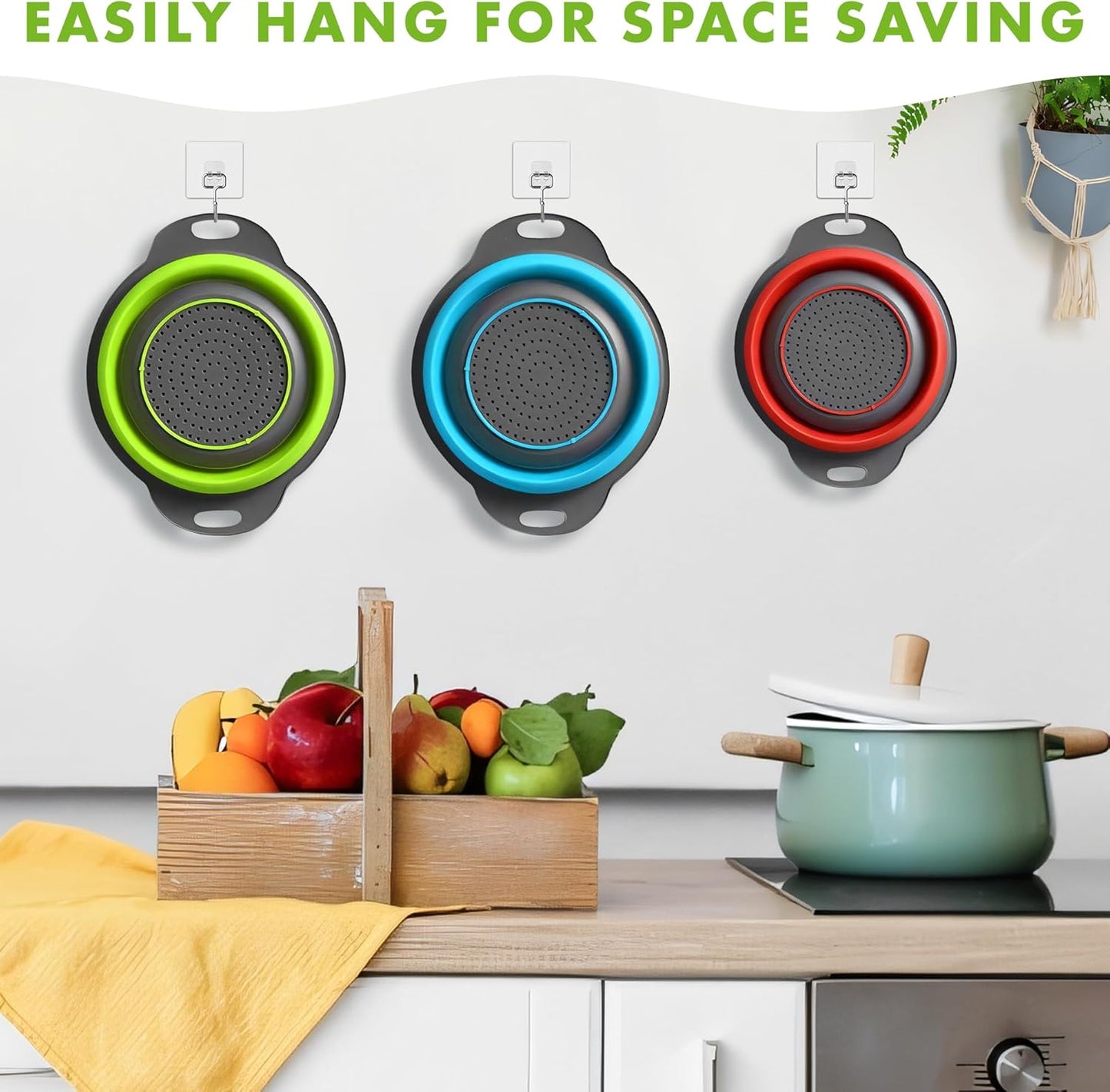 LVL Collapsible Colander Set of 3 Round Silicone Kitchen Strainer Set - 2 pcs 4 Quart and 1 pcs 2 Quart- Perfect for Draining Pasta, Vegetable and fruit (green,blue, purple)