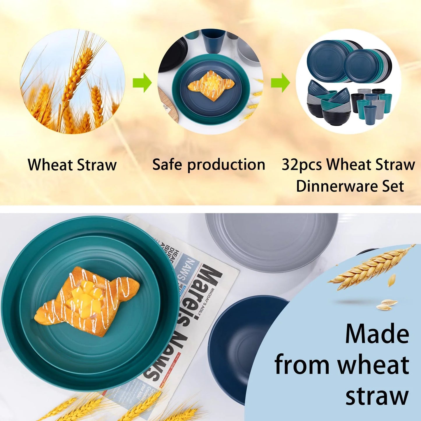 LVL Wheat Straw Dinnerware, Microwave Dishwasher Safe, Unbreakable Light Weight Plates Service For 8, Reusable Tableware Set, Multicolor Set 16pcs Plates, 8pcs Bowls, 8pcs Cups- Black