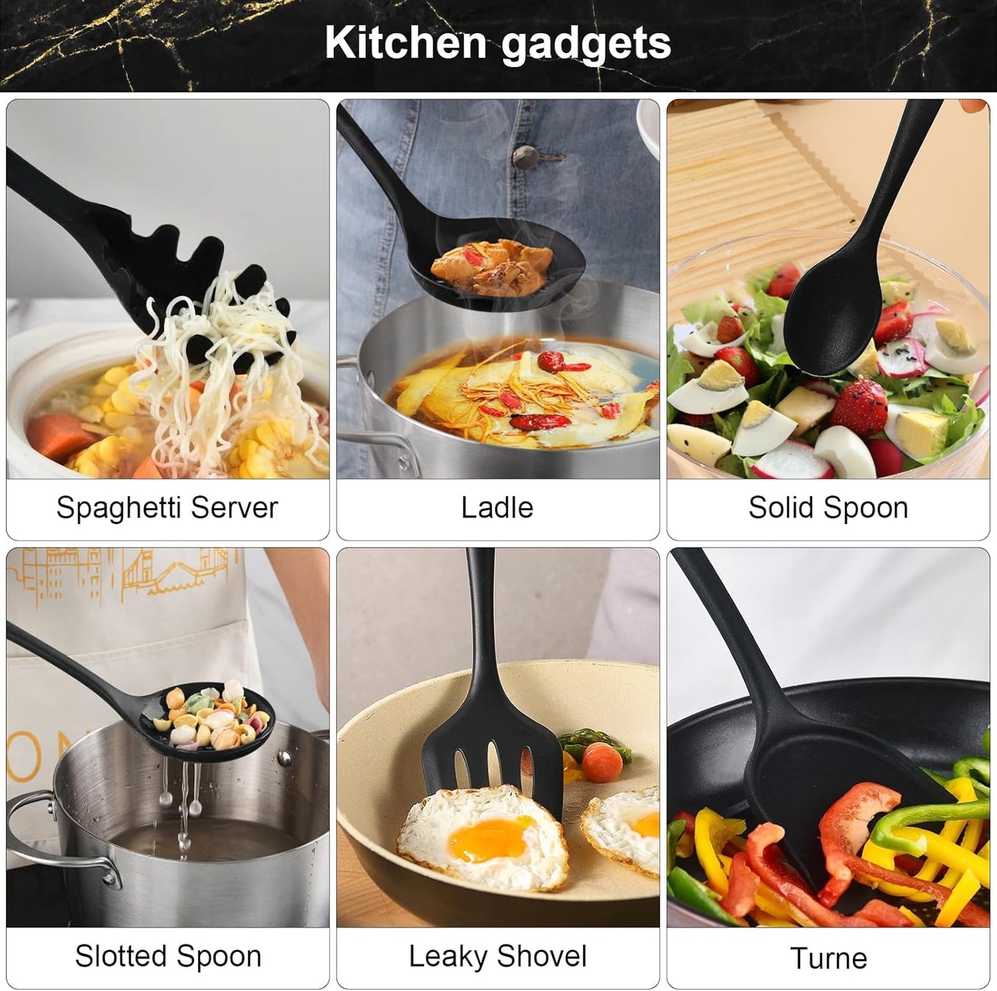 18PCS Silicone Cooking Utensils Set - 446°F Heat Resistant Kitchen Utensils,Turner Tongs,Spatula,Spoon,Brush,Whisk,Kitchen Utensil Gadgets Tools Set for Nonstick Cookware,Dishwasher Safe - Black