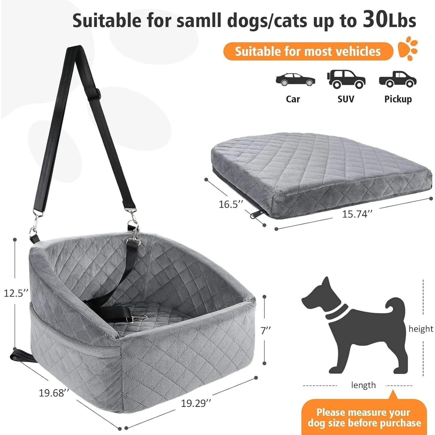 Dog Car Seat for Small Medium Dogs,Detachable Washable Dog Booster Seat Under 30lbs, Pet Car Seat Travel Bed with Storage Pockets and Dog Safety Belt (Grey)