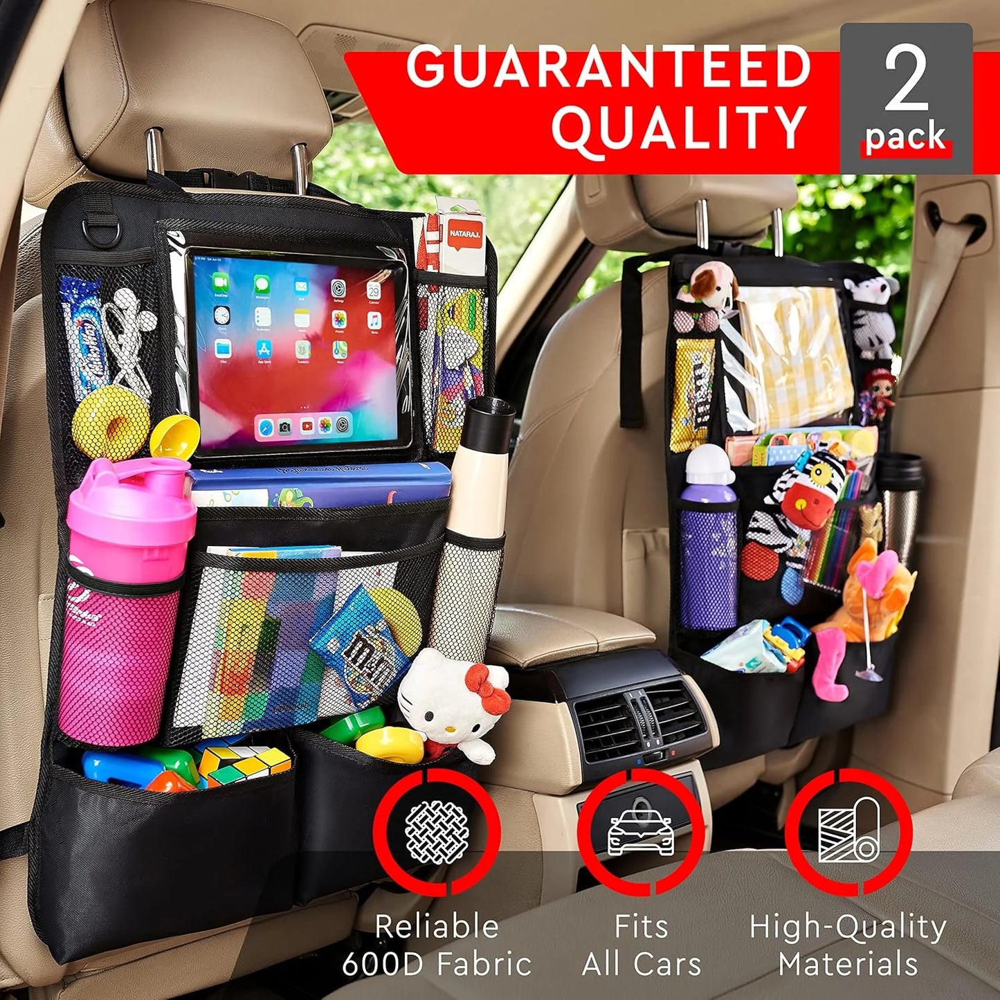 2 Pack Backseat Car Organizer, with 9 Storage Pockets 2 Pack, Black