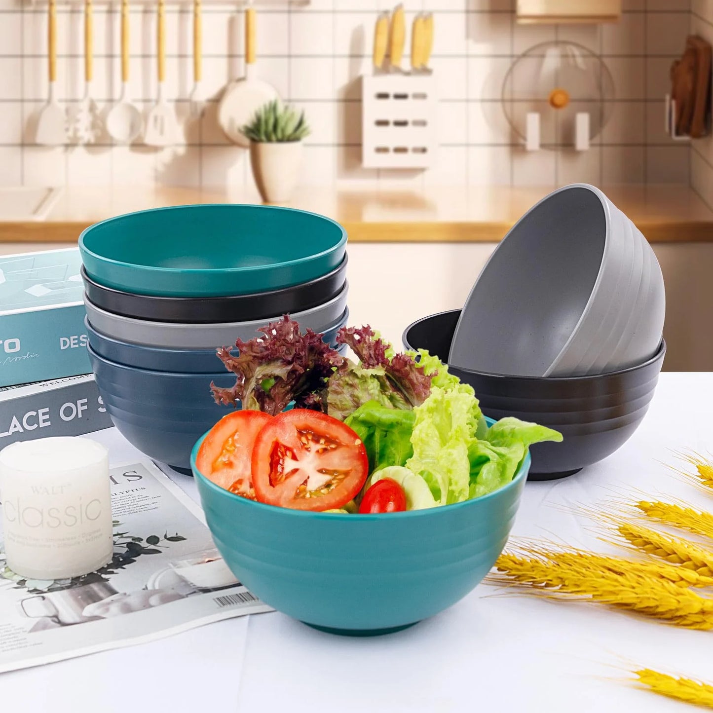 LVL Wheat Straw Dinnerware, Microwave Dishwasher Safe, Unbreakable Light Weight Plates Service For 8, Reusable Tableware Set, Multicolor Set 16pcs Plates, 8pcs Bowls, 8pcs Cups- Black