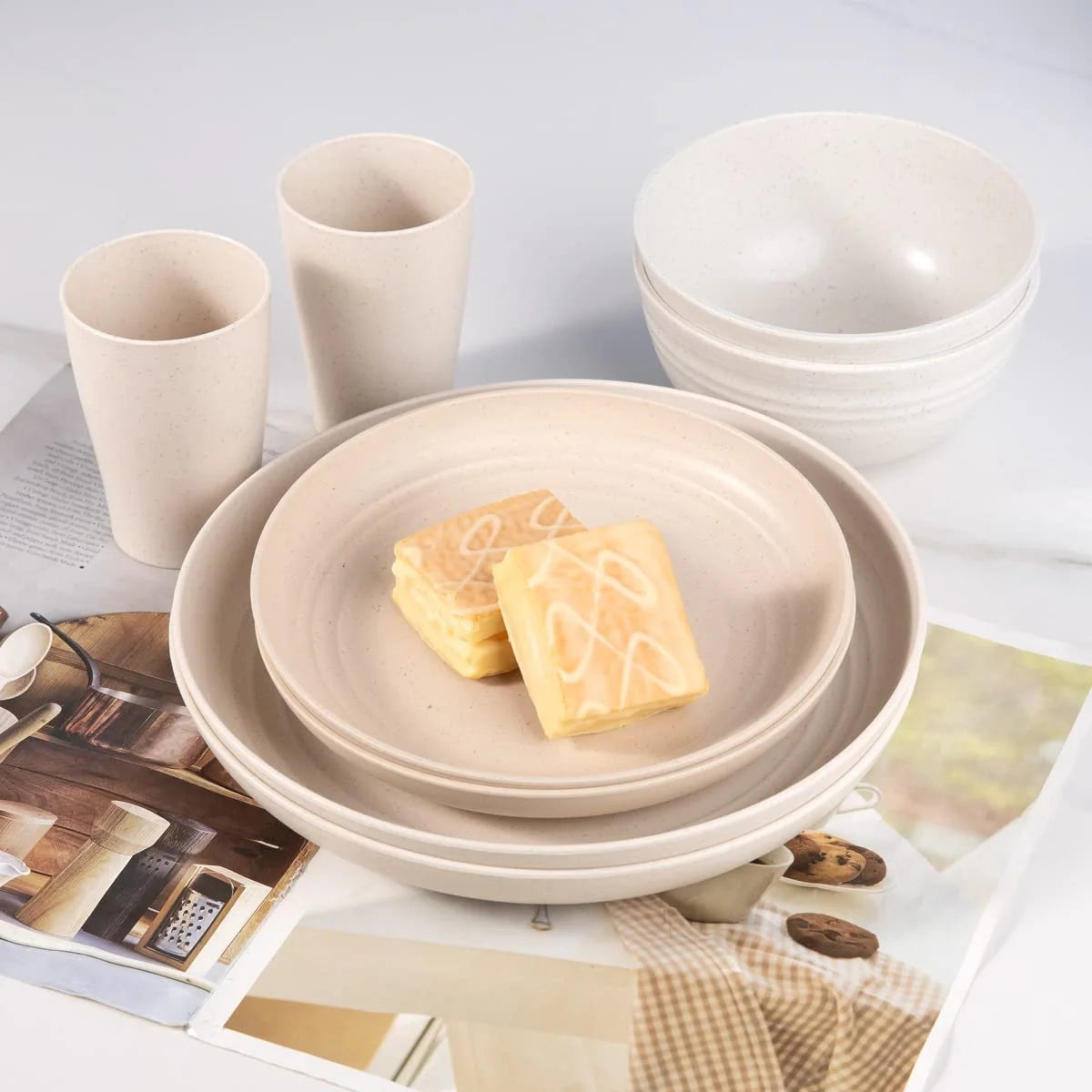 LVL Wheat Straw Dinnerware, Microwave Dishwasher Safe, Unbreakable Light Weight Plates Service For 8, Reusable Tableware Set, Multicolor Set 16pcs Plates, 8pcs Bowls, 8pcs Cups- Multi Color