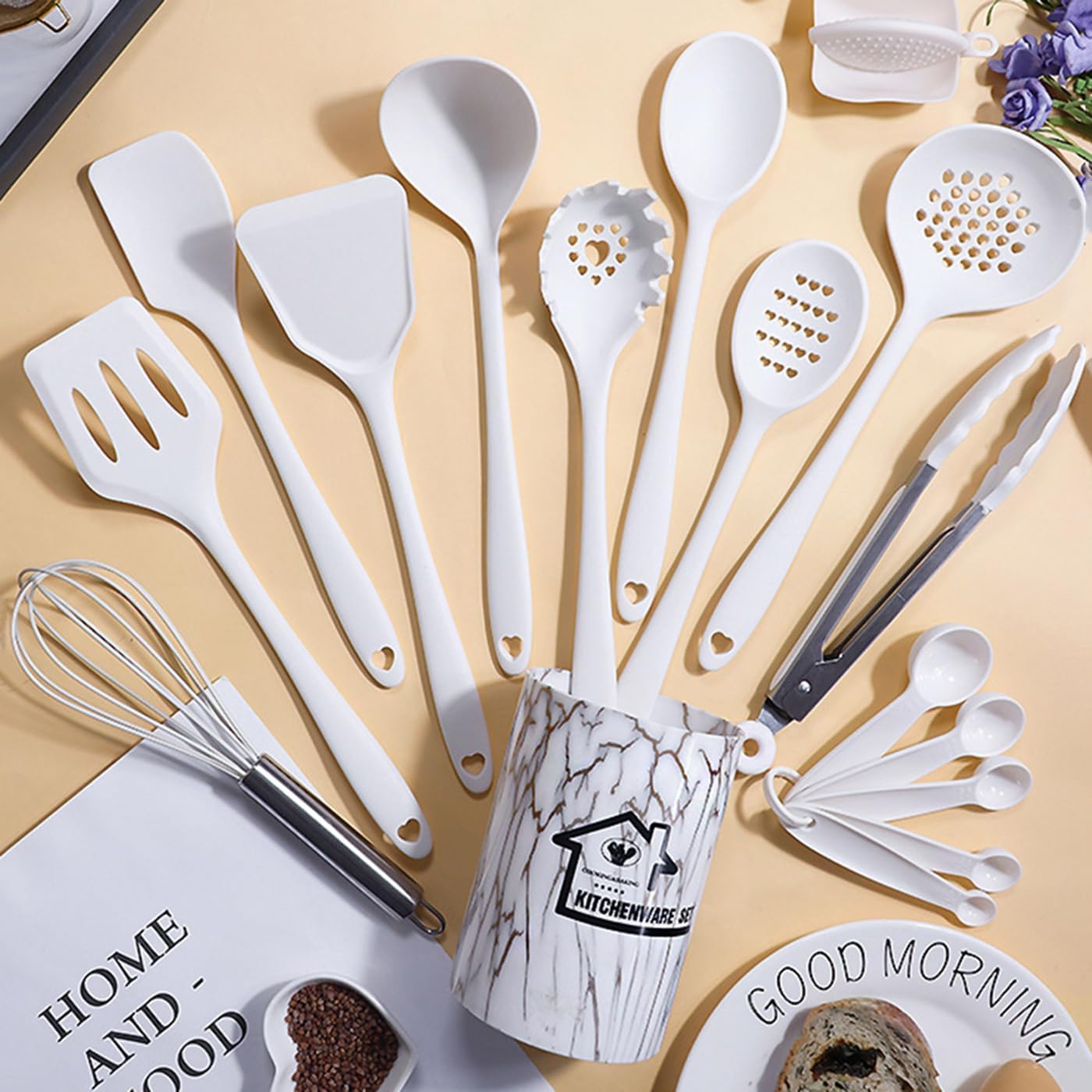 18PCS Silicone Cooking Utensils Set - 446°F Heat Resistant Kitchen Utensils,Turner Tongs,Spatula,Spoon,Brush,Whisk,Kitchen Utensil Gadgets Tools Set for Nonstick Cookware,Dishwasher Safe - White