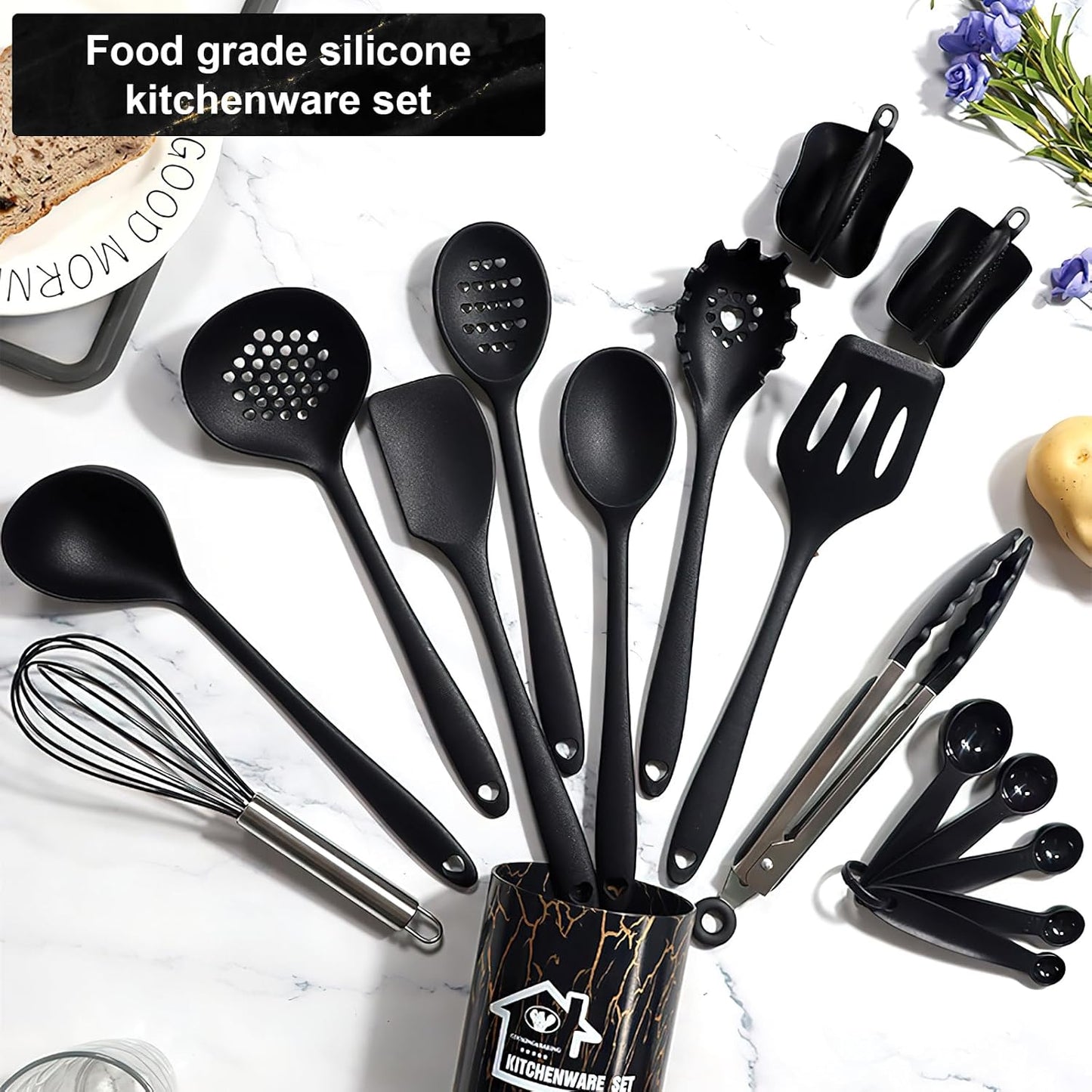 18PCS Silicone Cooking Utensils Set - 446°F Heat Resistant Kitchen Utensils,Turner Tongs,Spatula,Spoon,Brush,Whisk,Kitchen Utensil Gadgets Tools Set for Nonstick Cookware,Dishwasher Safe - Black
