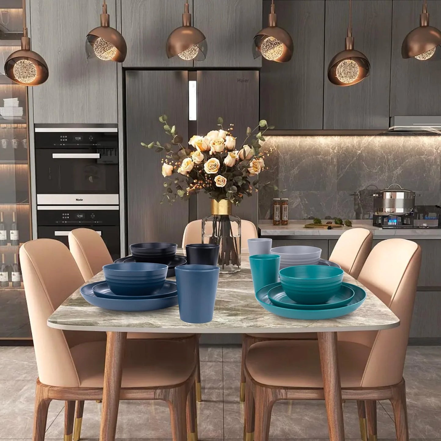 LVL Wheat Straw Dinnerware, Microwave Dishwasher Safe, Unbreakable Light Weight Plates Service For 8, Reusable Tableware Set, Multicolor Set 16pcs Plates, 8pcs Bowls, 8pcs Cups- Black