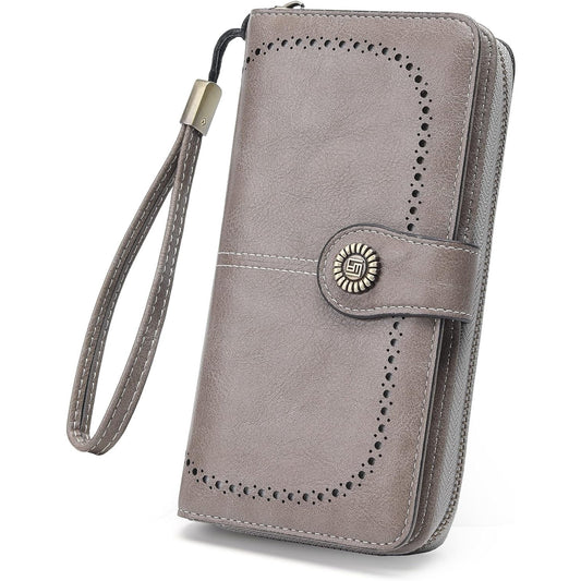 EHIW Wallets for Women Leather Credit Card Holder with RFID Blocking Large Capacity Wristlet , Gray