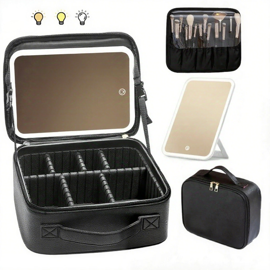 IDFINE Travel Makeup Bag With LED Mirror, Cosmetic Train Case with Light up Mirror, Portable Makeup Artist Organizer Bag with Adjustable Dividers, Makeup Brush Holder Storage, Black