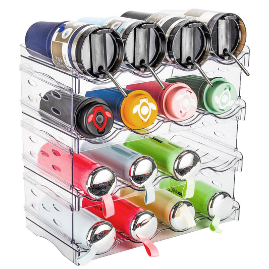 Water Bottle Organizer, Stackable Plastic Bottle Holder for Cabinet,Storage Rack,Kitchen Pantry, Fridge, Cup Holder for Wine -4 Pack, Hold 16 Containers